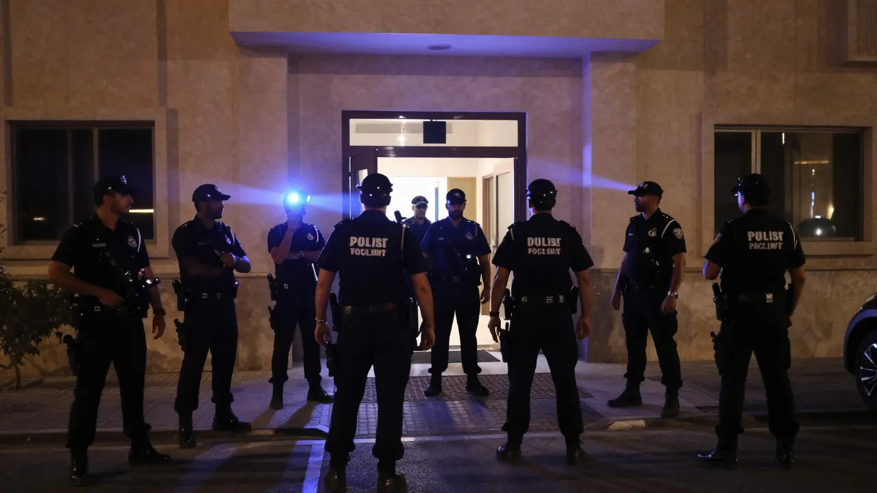 Dubai Police raiding illegal escort operation at night.