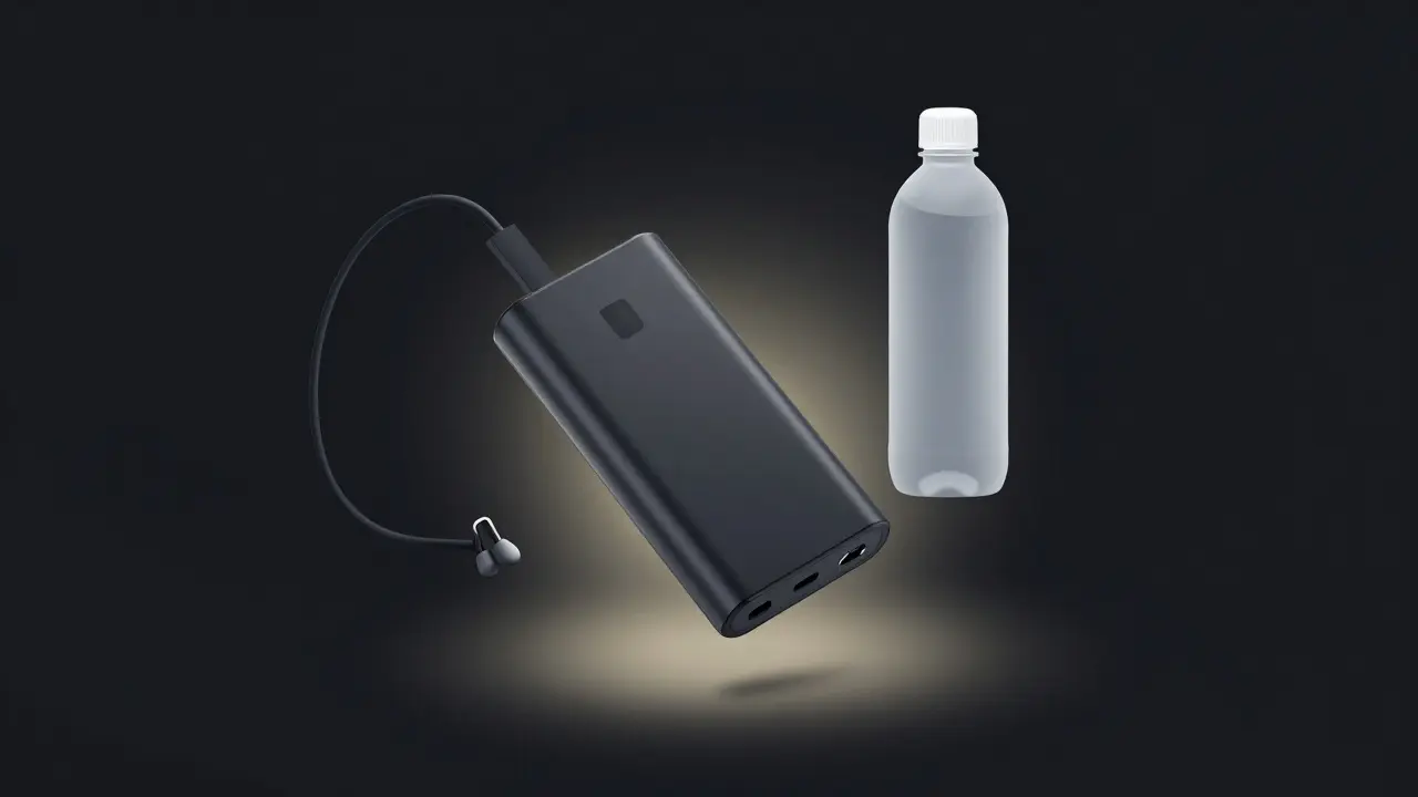 Floating power bank, water bottle, and earplugs for late-night safety.