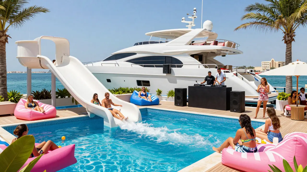 Guests enjoying a daytime yacht pool party with water slides and DJs on deck under bright blue skies.