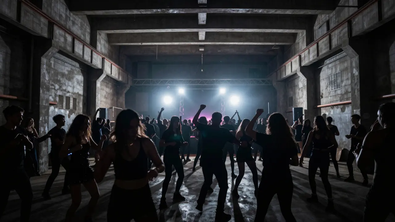 Industrial warehouse club interior with strobe lights and techno dancers.