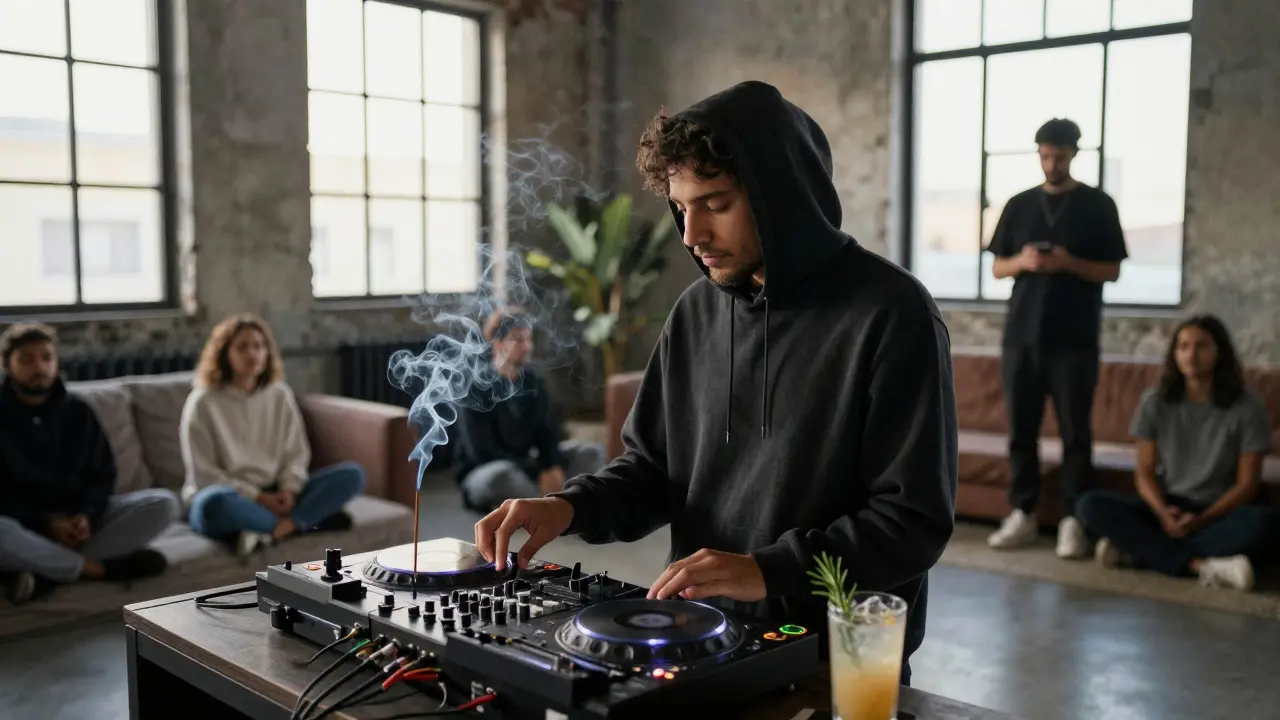Inside an industrial loft, a DJ plays music as patrons listen silently at dawn, craft cocktail in hand.