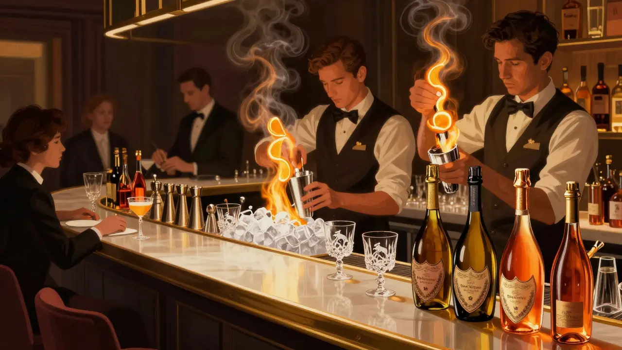 Mixologist crafting a signature cocktail at a gold-trimmed bar, crystal glasses and flaming citrus illuminated by warm ambient light.
