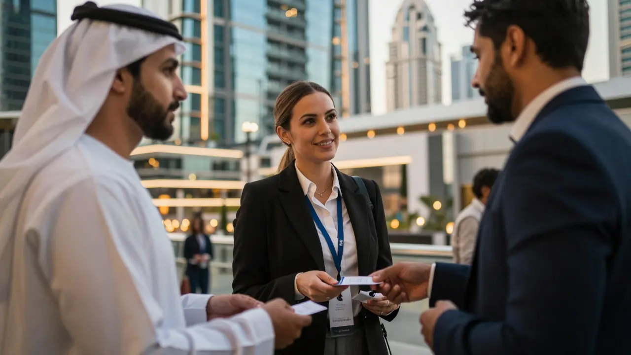 Professionals networking at Dubai DIFC event.
