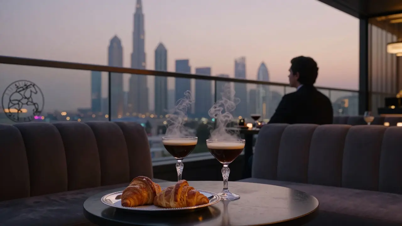Quiet rooftop lounge at dawn with steaming drinks and croissants, city skyline glowing softly beyond the railing.