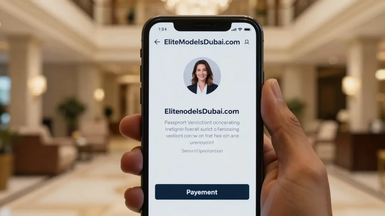 Smartphone screen showing a verified escort profile with passport verification and secure payment details.