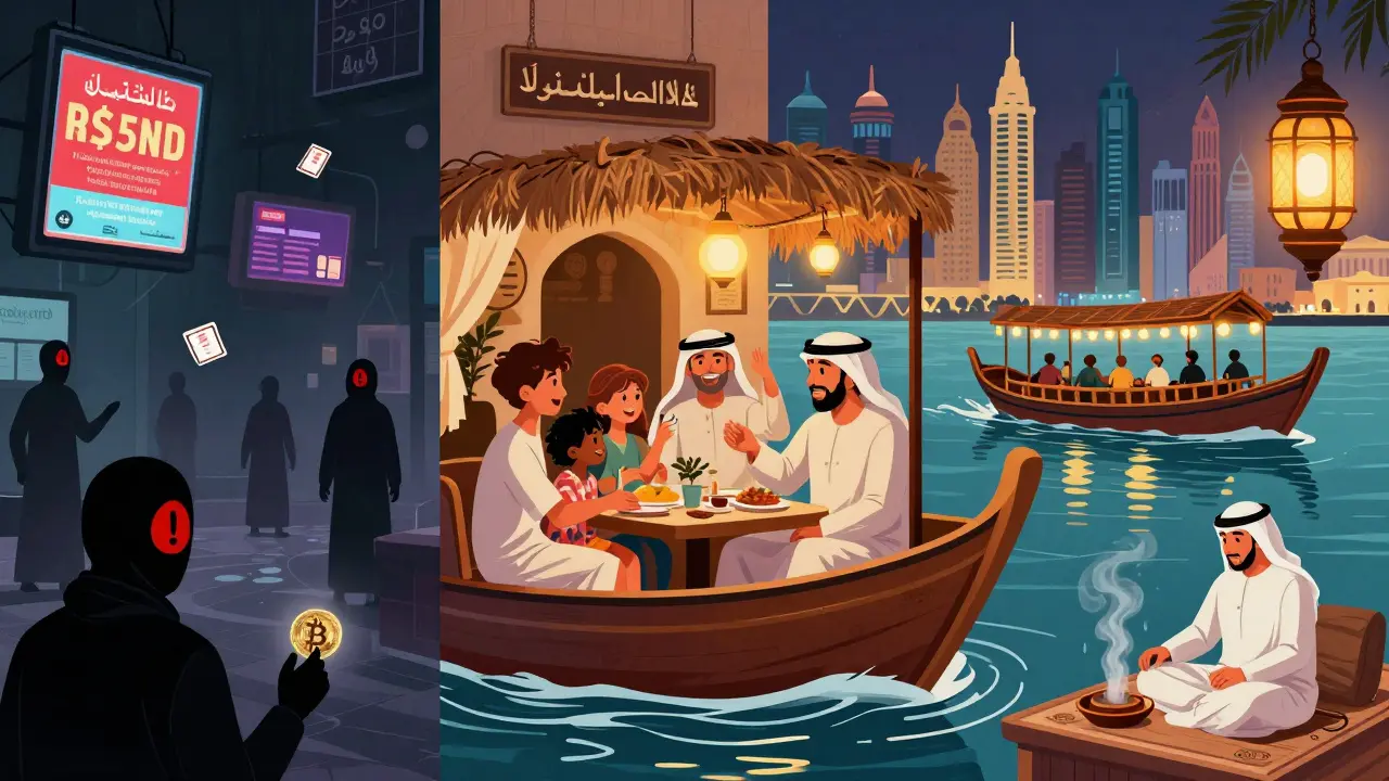 Split image: chaotic scam ads on the left, vibrant legal cultural experiences like dhow cruises and restaurants on the right.