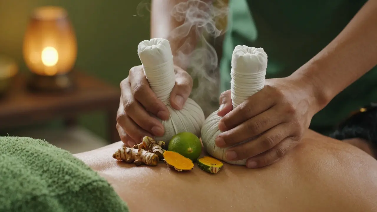 Therapist's hands pressing a steamed herbal compress against a client's back, steam rising gently.