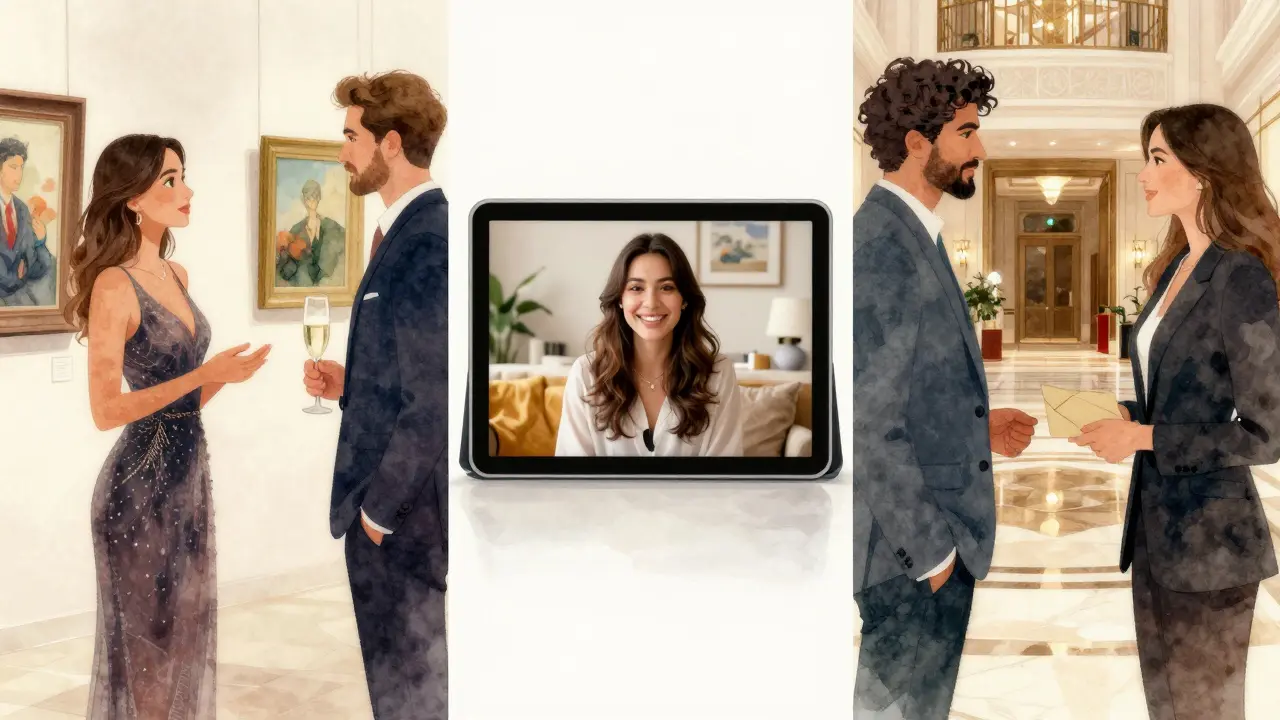Three scenes showing elegant companionship at an art event, a video call, and a hotel lobby — symbolizing Dubai's discreet emotional connections.
