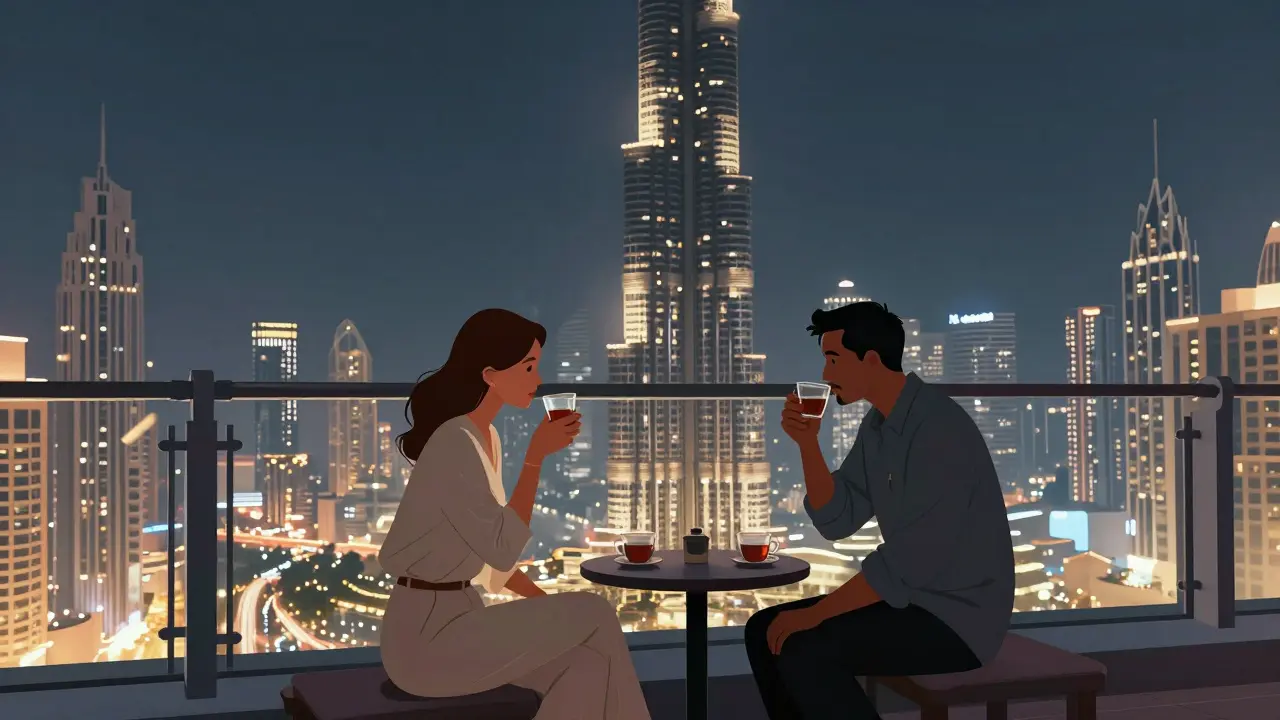 Two people sit quietly at Burj Khalifa observation deck, enjoying the city lights in serene silence.
