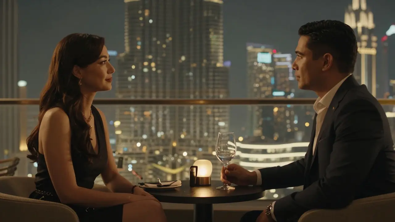 Two people sit quietly in a rooftop lounge, gazing at the Burj Khalifa at night, sharing a moment of calm connection.