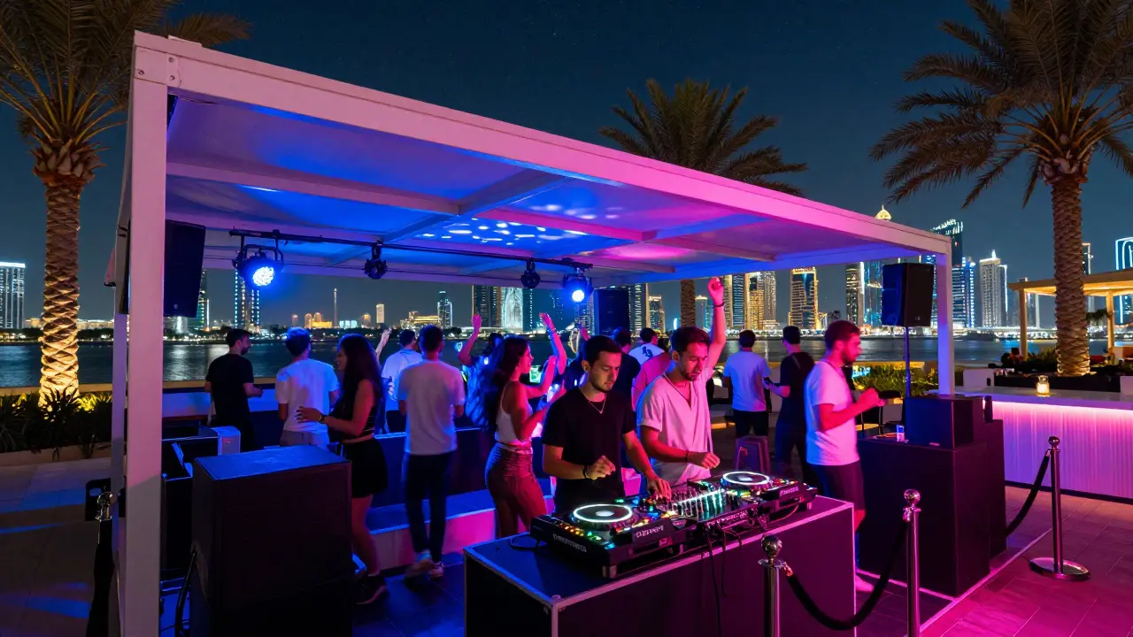 Vibrant open-air club in Dubai Marina with dancing crowd and starry sky above.