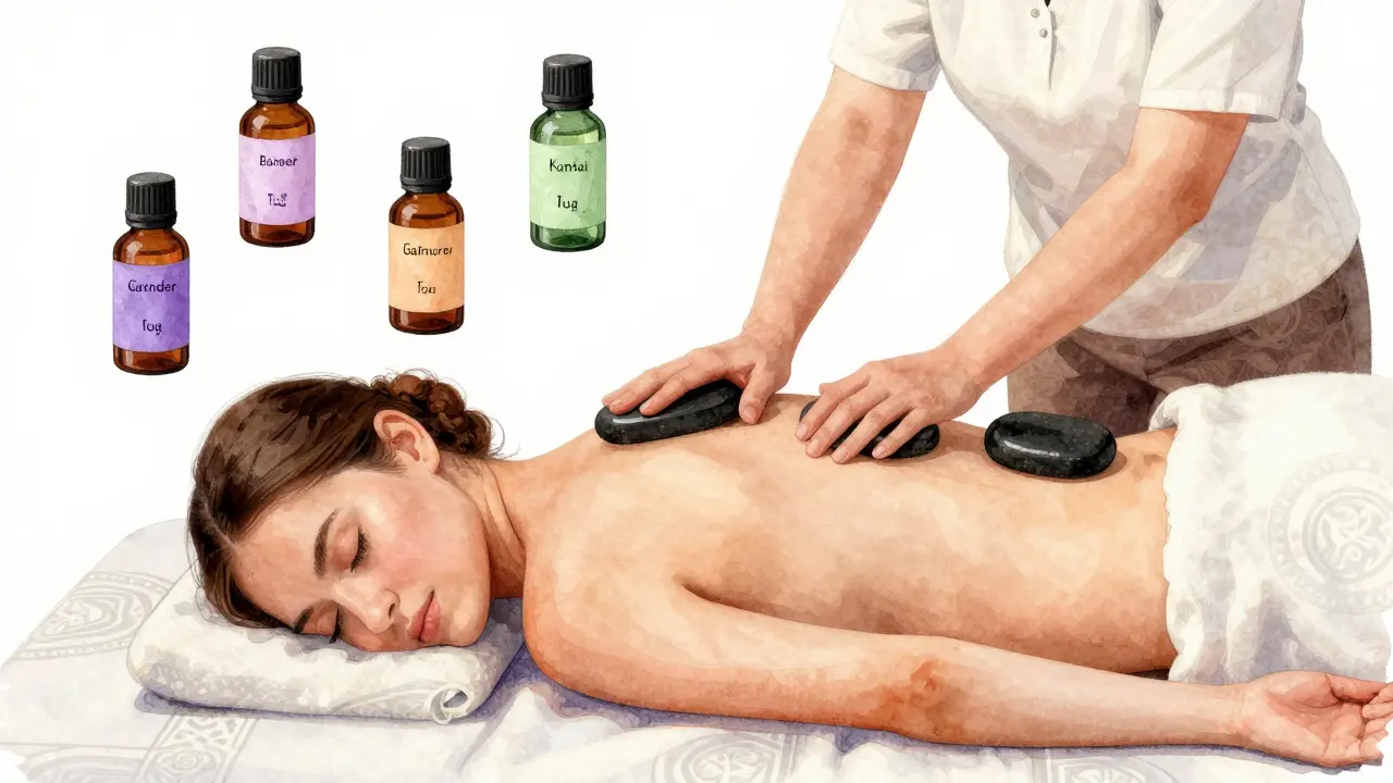 A fusion massage combining Thai stretching and hot stones, with aromatic oils and Arabic design elements.