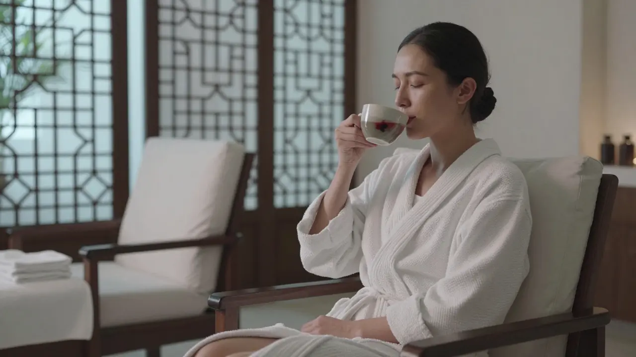 A guest relaxing quietly after a massage, sipping tea in a serene Dubai spa lounge with soft natural light filtering through latticework.
