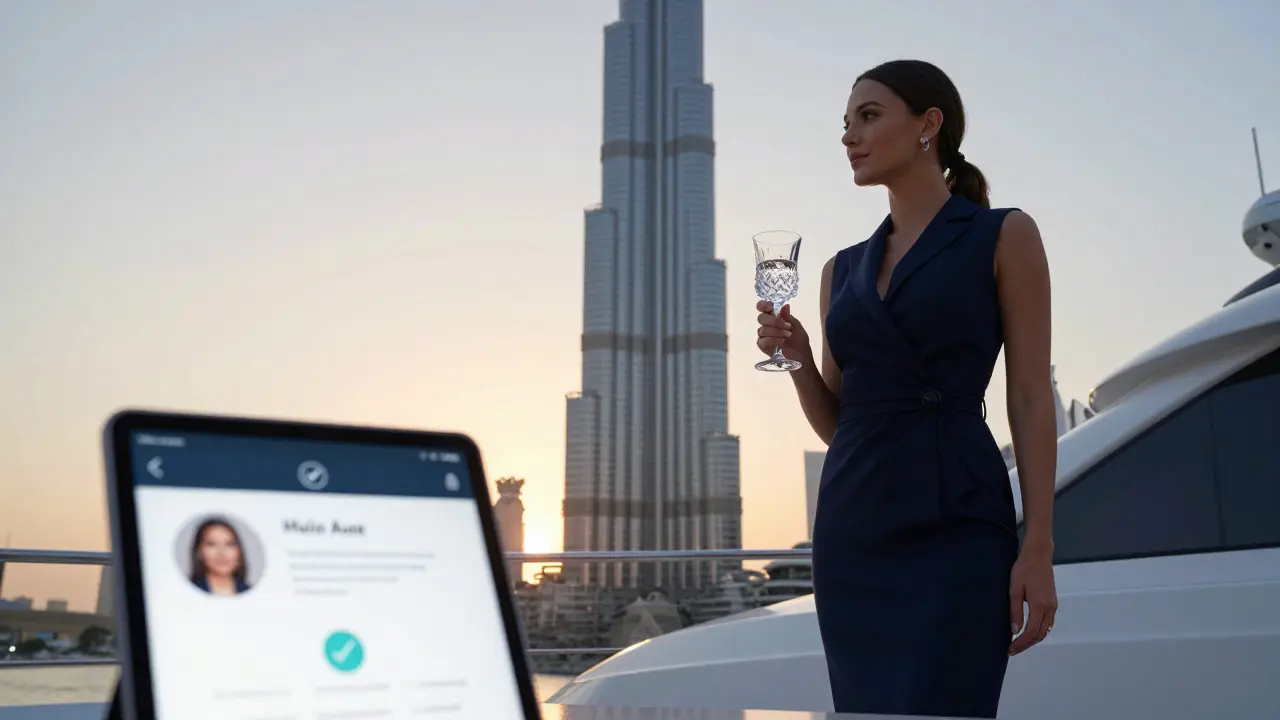 A luxury companion stands beside a private yacht at sunset, Burj Khalifa in background, holding a glass, discreet and elegant.
