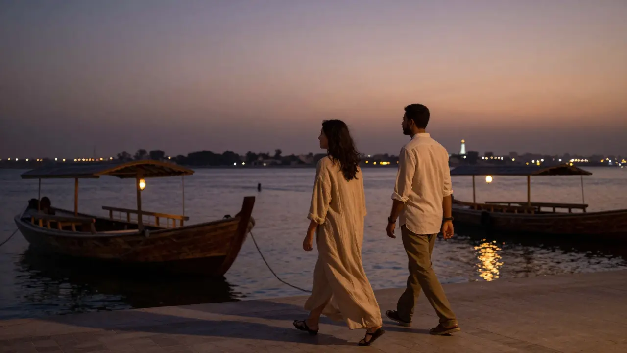 A man and woman walking silently along Dubai Creek at twilight, lantern-lit dhows beside them.