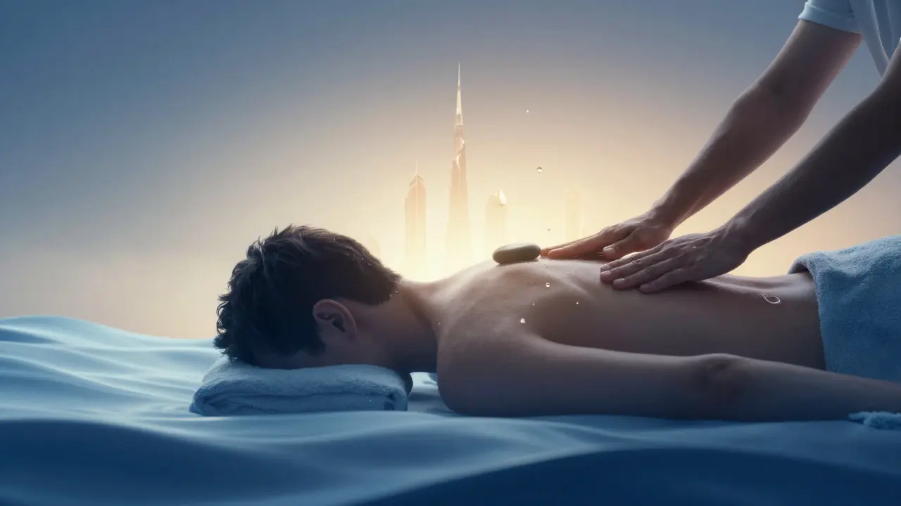 A person dissolving into calming waves under Dubai’s skyline, symbolizing stress relief through massage.