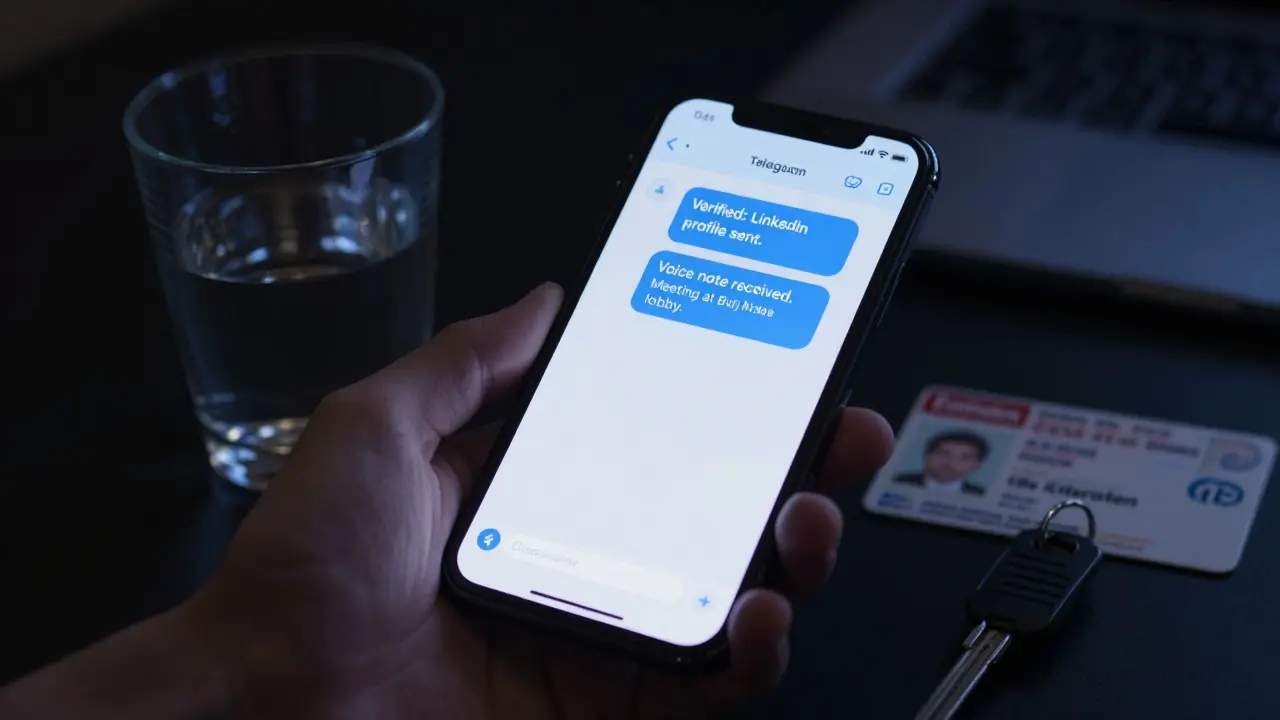A phone screen displays encrypted messages and verification steps, with a hotel keycard and ID beside it in a dimly lit room.