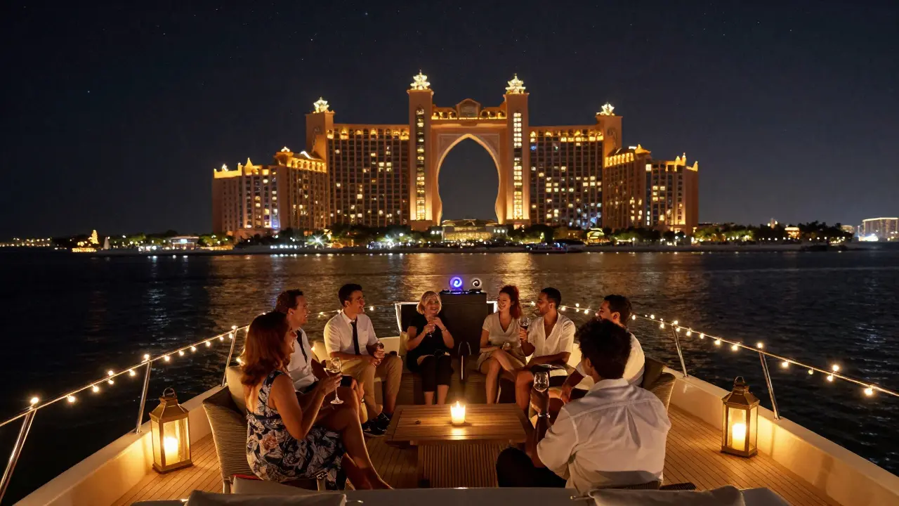 A private yacht at night with guests enjoying wine under starlit skies above Dubai Marina.