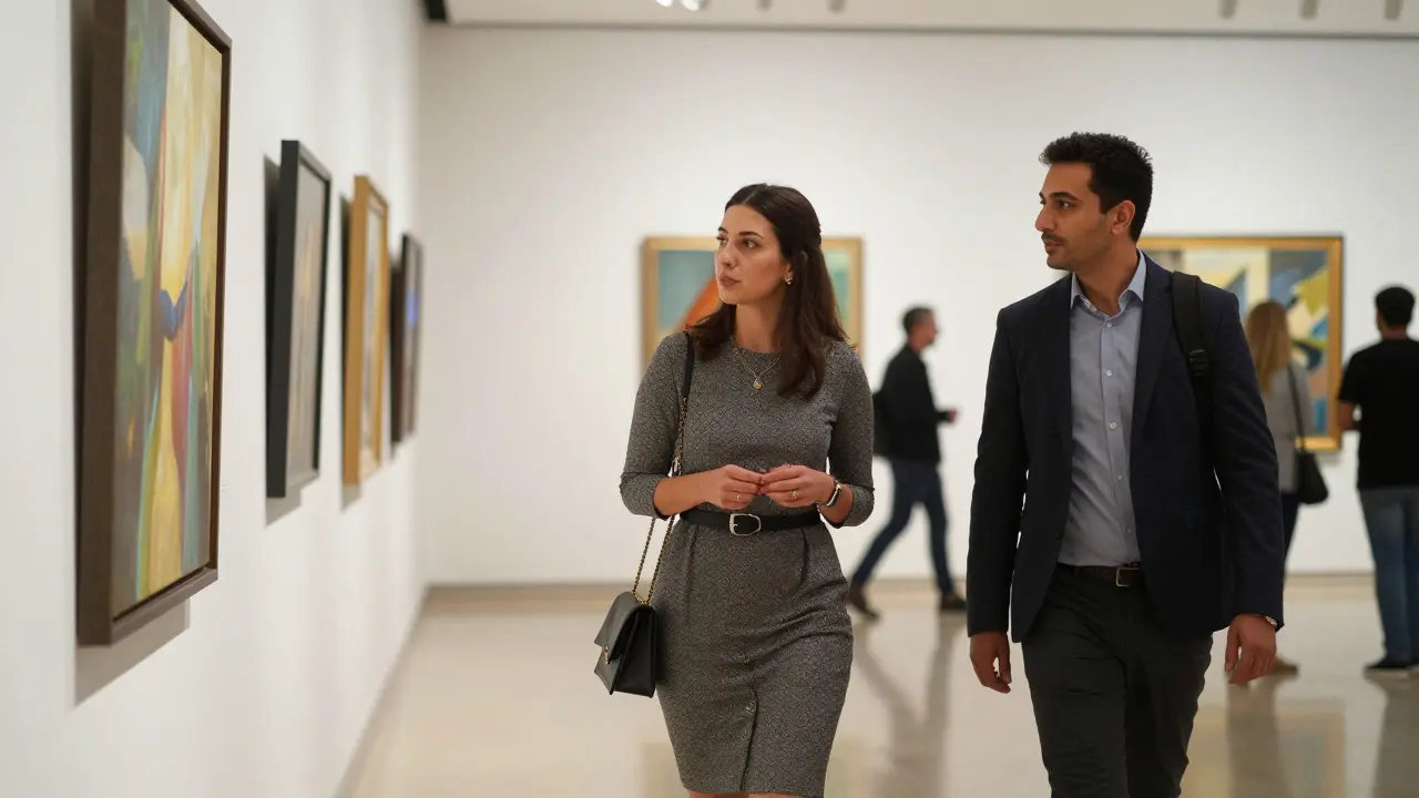 A professionally dressed couple discussing art in a Dubai gallery, engaged in thoughtful conversation.