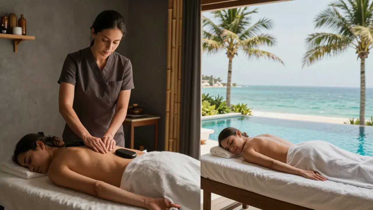 A split image showing a deep tissue massage in a boutique spa and a luxury poolside massage at a Dubai hotel.