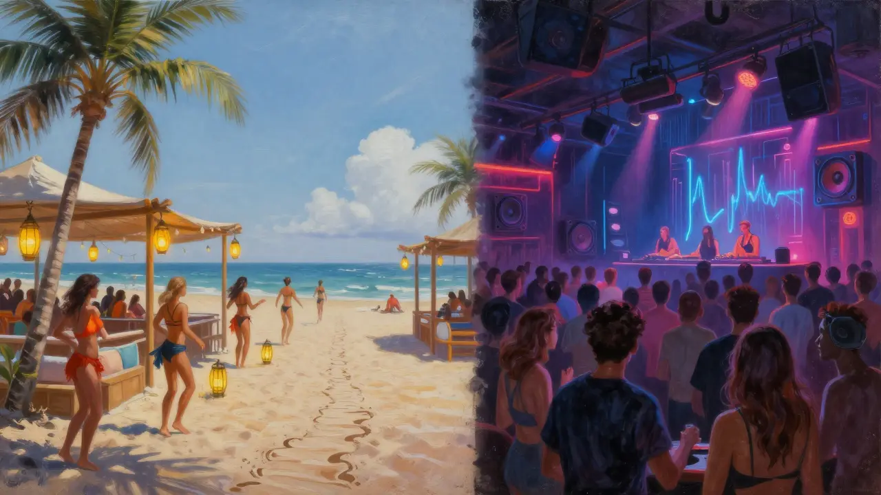 A split scene: serene beach club with lanterns and barefoot dancers on one side, crowded neon nightclub on the other, connected by a path of sand.