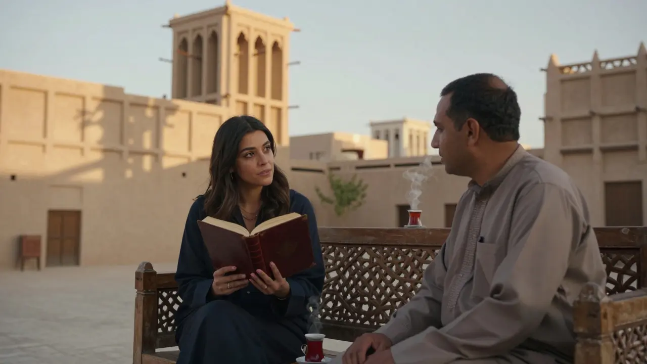 A thoughtful woman and man discuss philosophy in a historic Dubai courtyard, bathed in golden light.