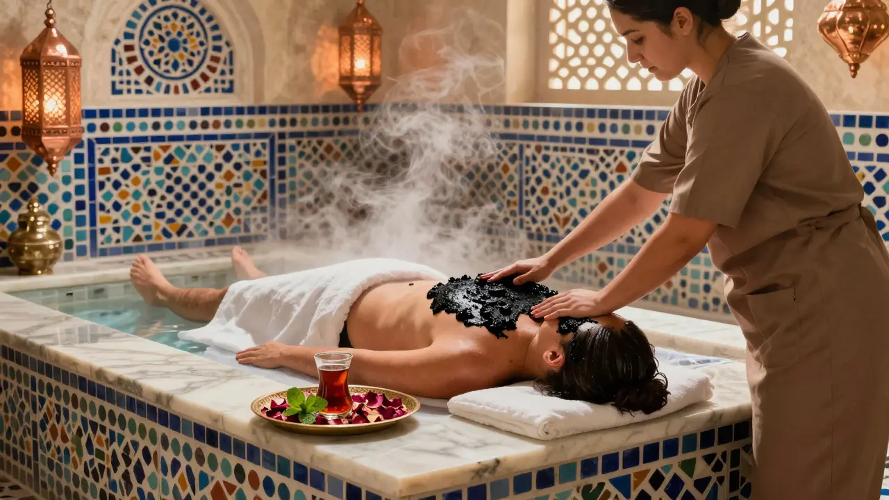 A traditional Arabian Hammam ritual with steam, scrub, and copper lanterns in an ornate tiled spa setting.
