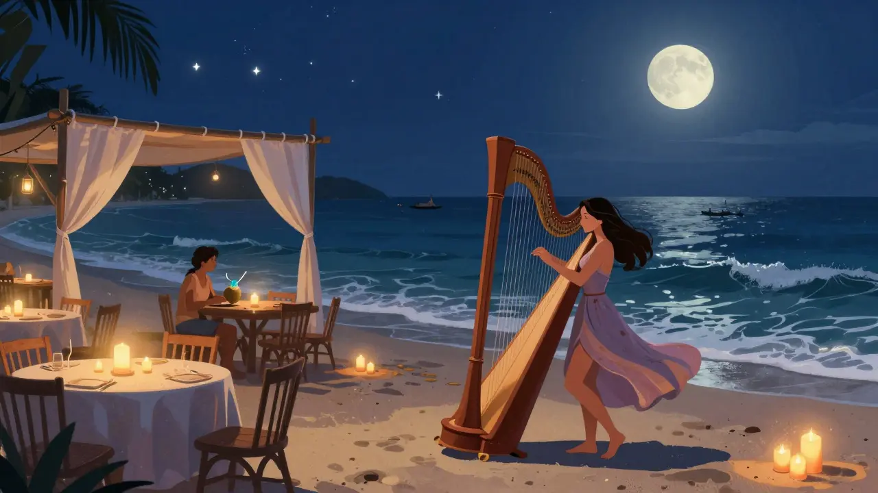 A woman dances barefoot under moonlight at a beach club, surrounded by candlelit tables and soft lantern glow, with waves lapping nearby.