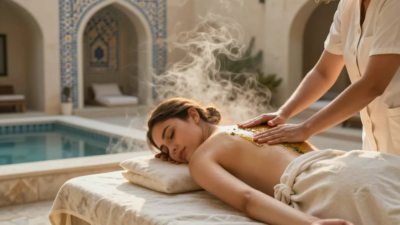 A woman experiencing an Arabian hammam ritual with warm oil being applied in a steamy, mosaic-tiled spa environment.