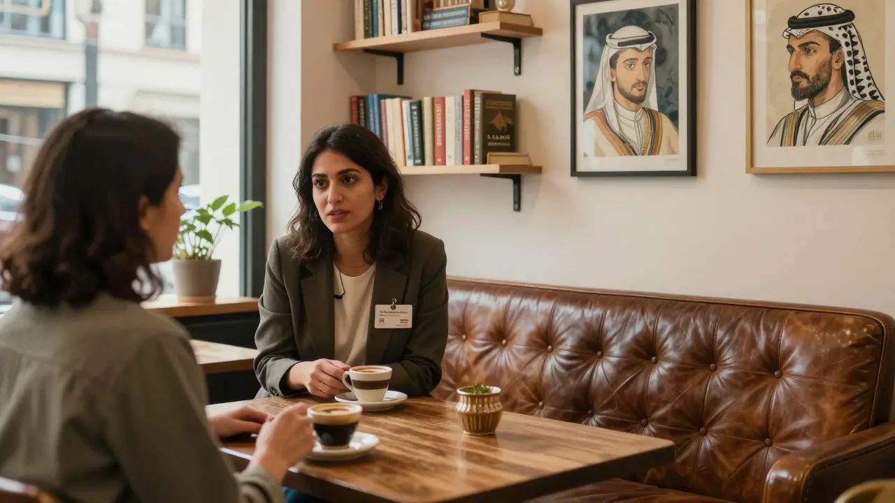 A woman in a professional blazer shares a thoughtful conversation with a client over coffee in a hidden art café in Alserkal Avenue.