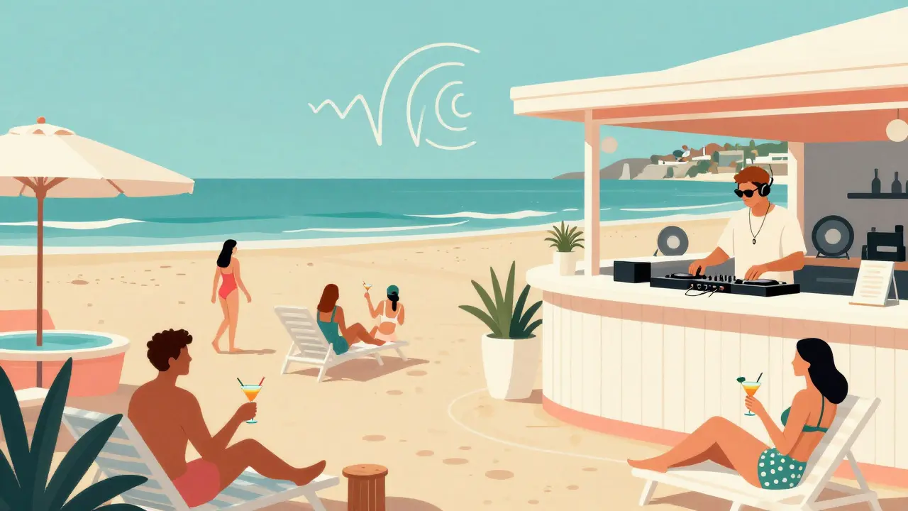 Beach club with DJ, swim-up bar, and guests relaxing under umbrellas in vibrant coastal setting.