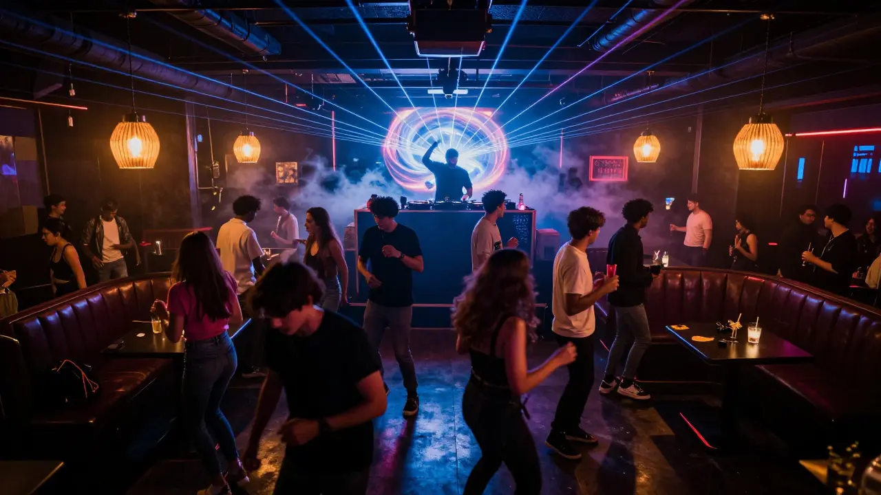 Crowd dancing in a vibrant underground club with neon lights and laser beams under a DJ booth.