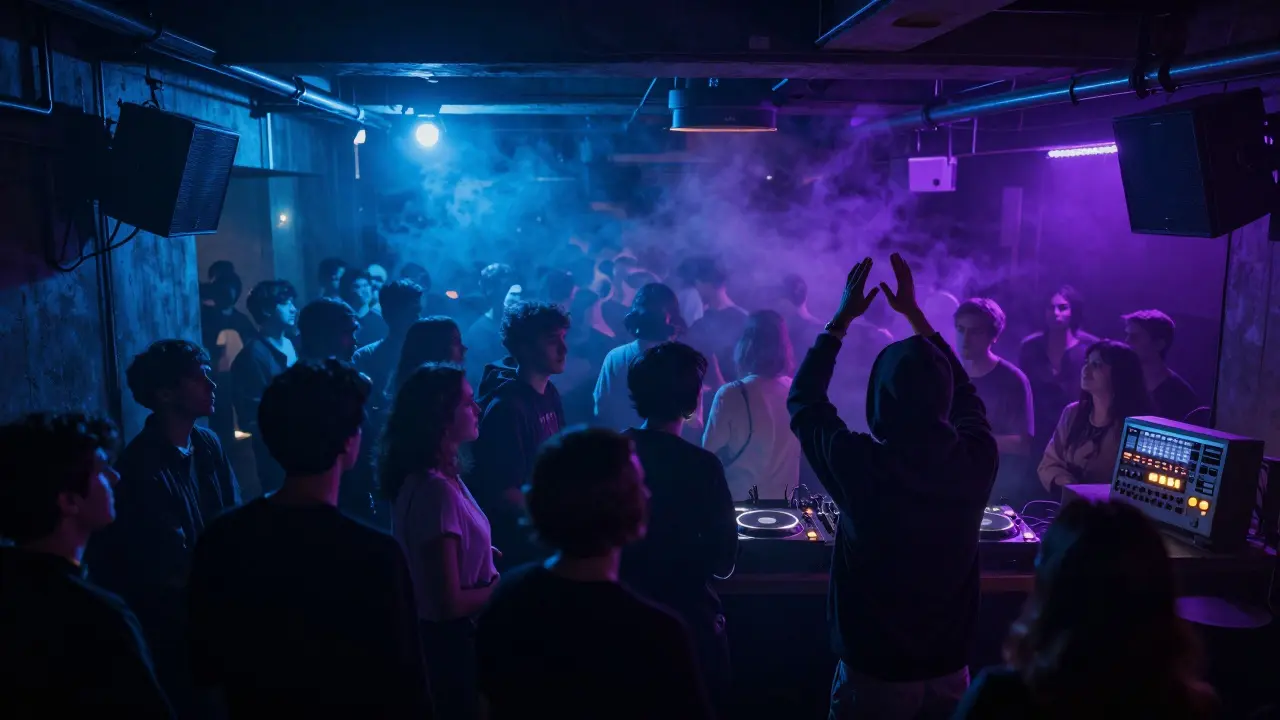 Crowd in a dim underground club in Al Barsha, lit by strobe lights and surrounded by smoke.
