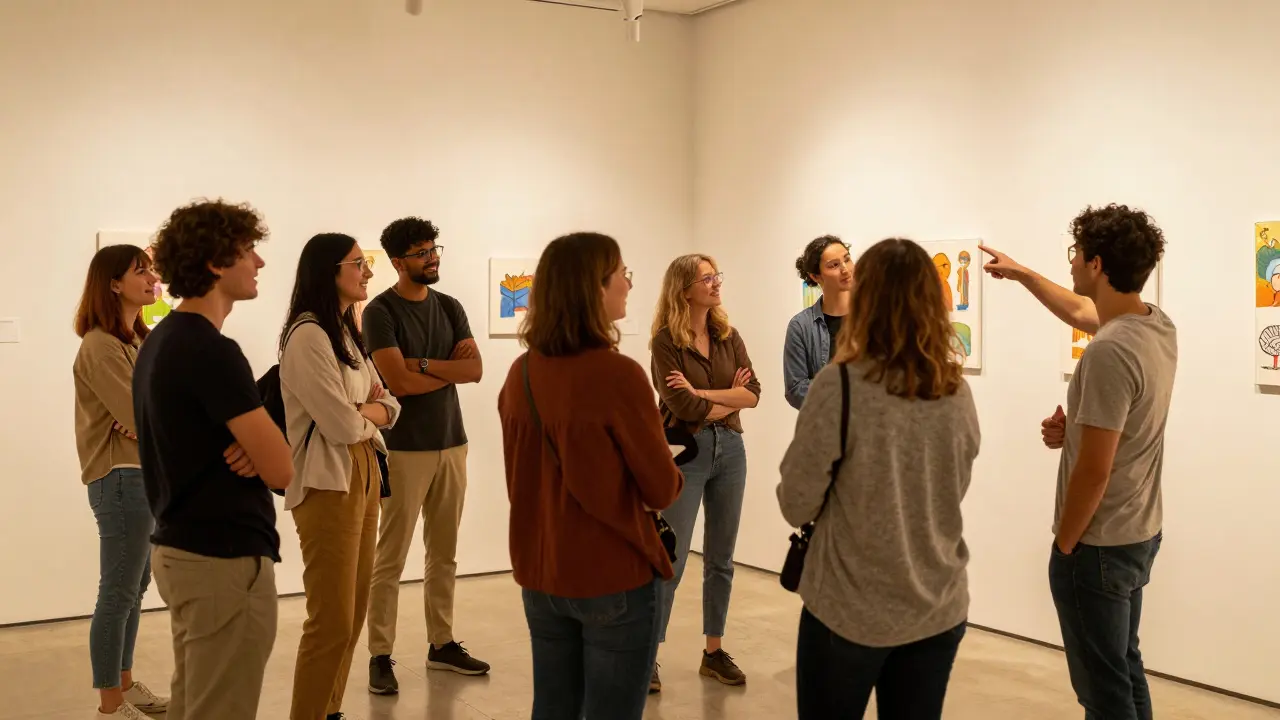 Diverse group discussing art at a community gallery event.