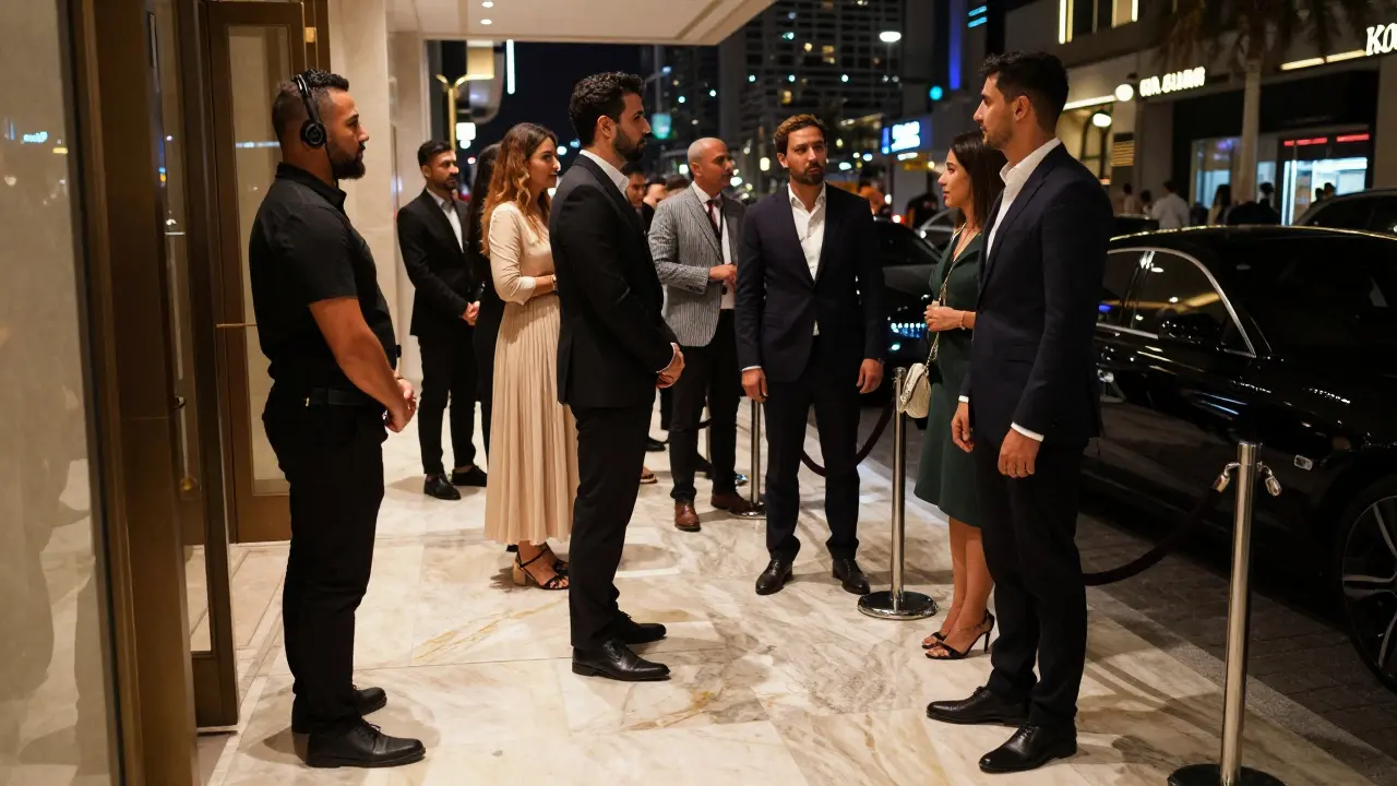 Elegantly dressed guests at the velvet rope entrance of Cavalli Club, with a bouncer assessing entry.