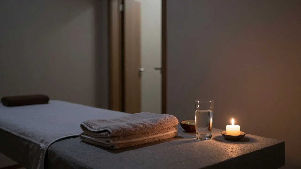 Empty spa room after a session, with folded towel, water glass, and flickering candle, evoking calm.