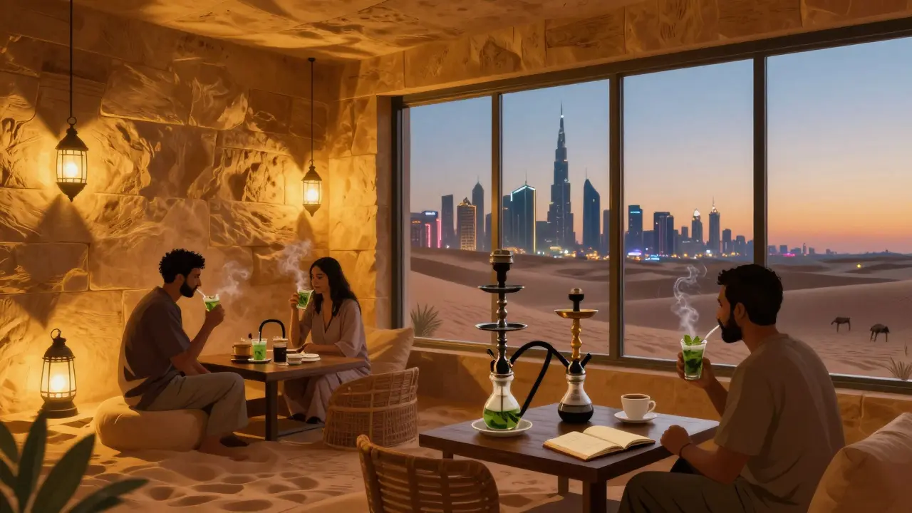 Guests relaxing in a desert-themed shisha lounge at dawn with Dubai’s skyline glowing in the distance.