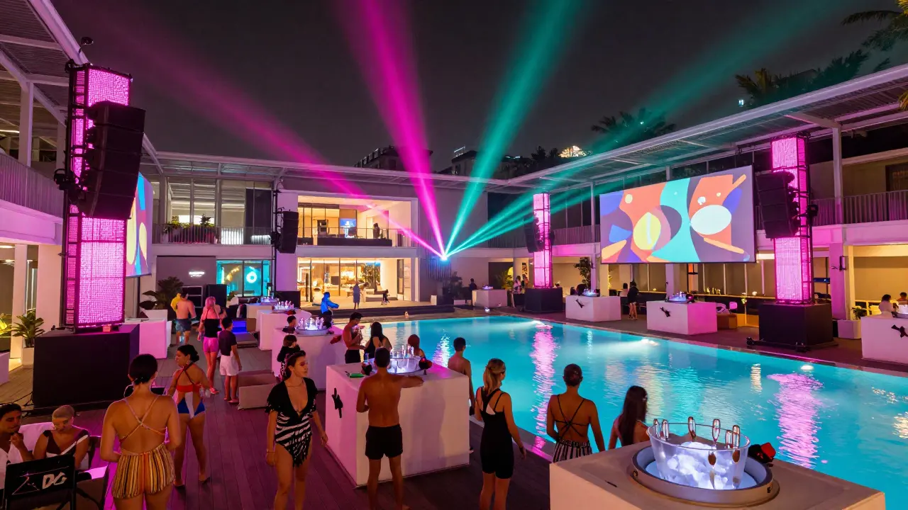 Luxurious pool club deck with neon lights and VIP cabanas