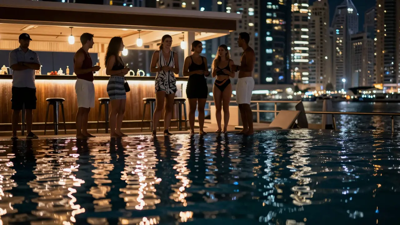 Nighttime crowd reflecting city lights on water surface