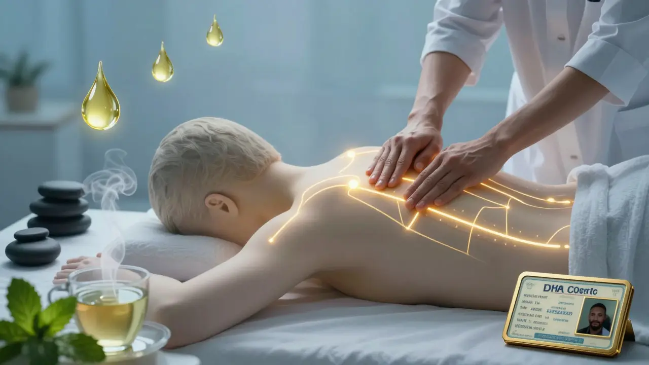 Silhouette with glowing pathways showing stress reduction after massage, surrounded by Dubai spa symbols.