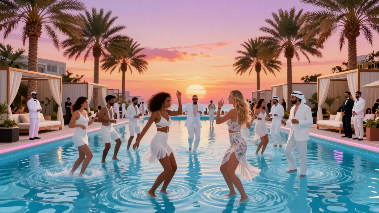 Stylish crowd dancing in shimmering pool water at White Dubai, cabanas and palm trees surrounding them under golden hour light.