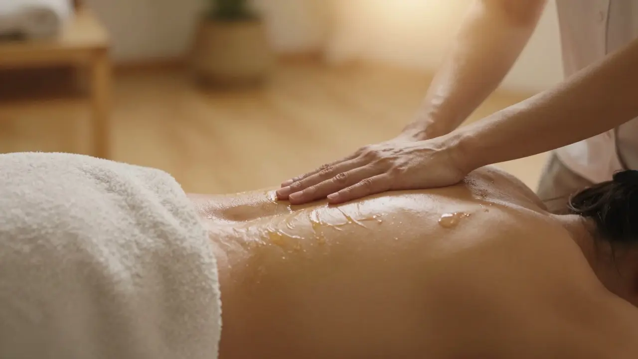 Therapist's hip gently rocking along a client's spine under a draped towel, conveying deep relaxation.