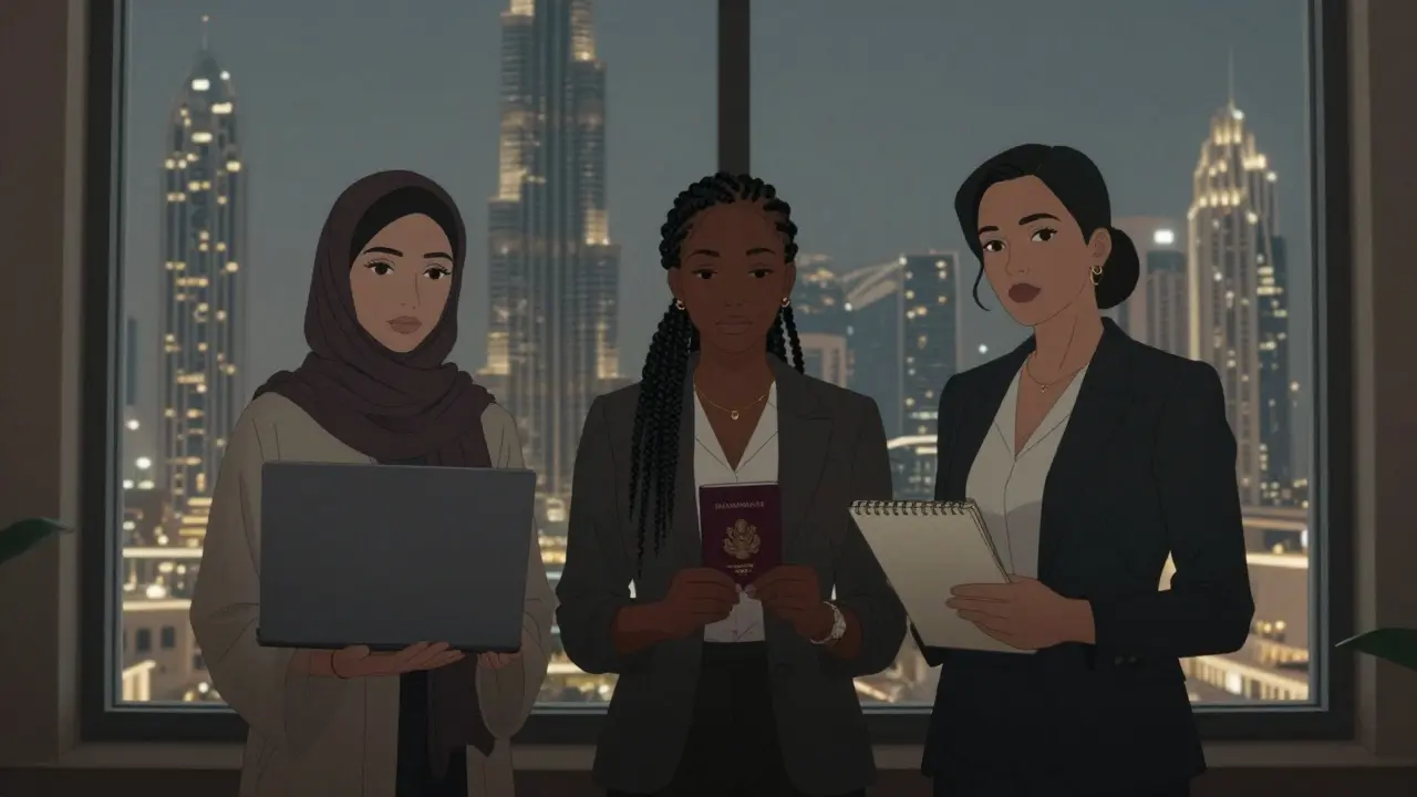 Three diverse women stand against a Dubai skyline, each holding an object representing their personal journey and independence.
