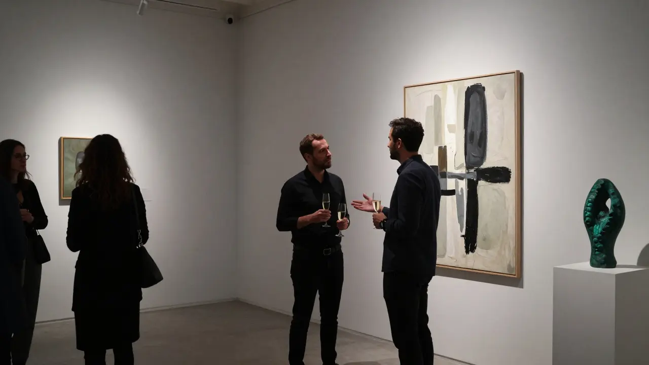 Two guests discussing art at a quiet gallery opening, surrounded by contemporary installations.