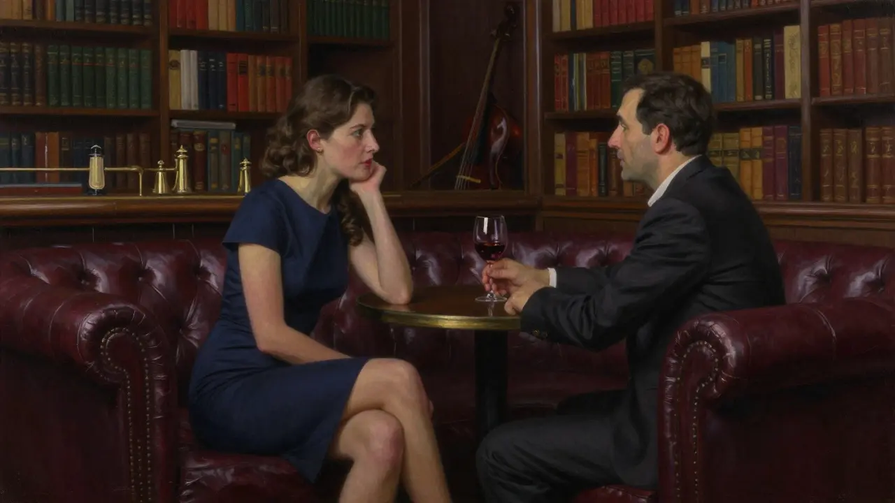 Two people engaged in thoughtful dialogue in a cozy library bar with bookshelves and soft lighting.