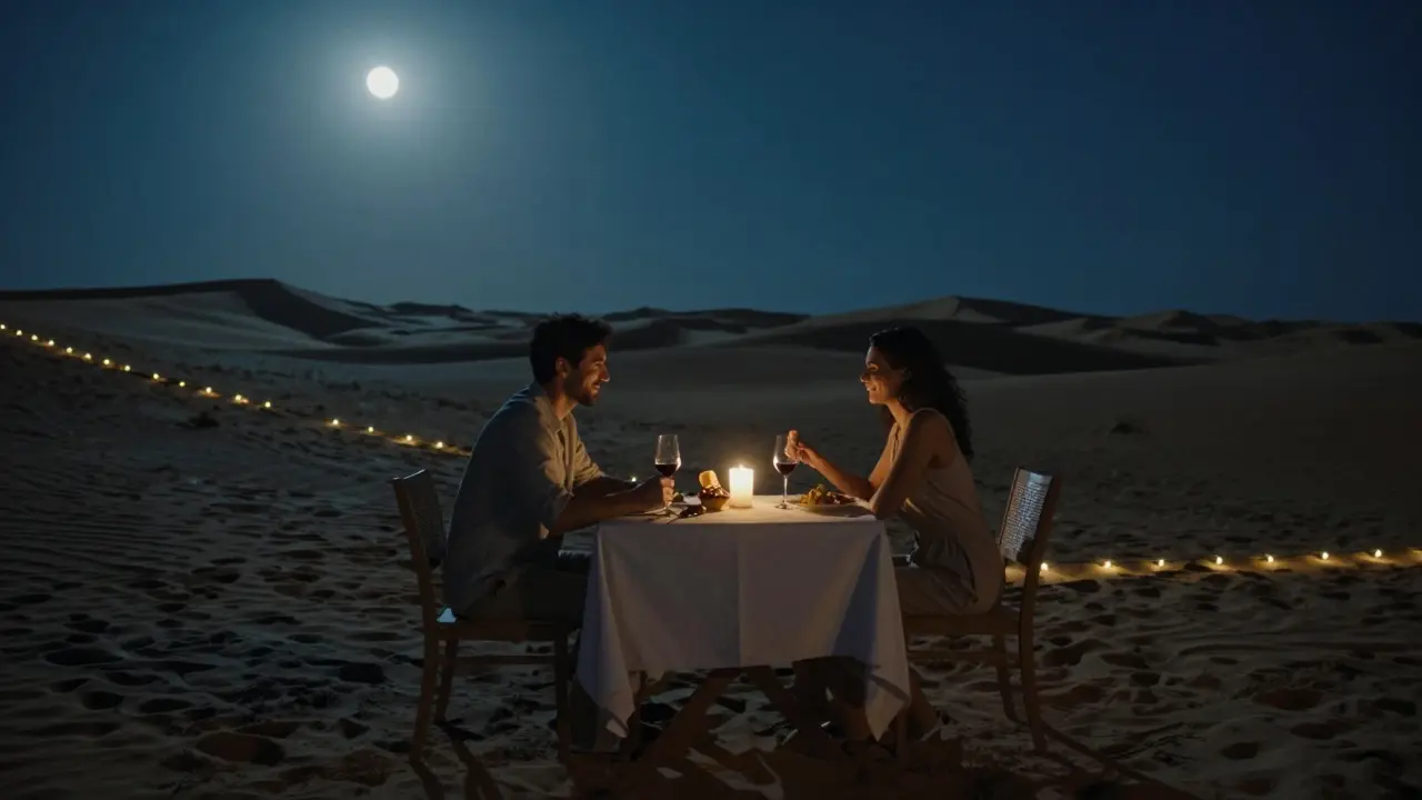 Two people enjoying a quiet dinner at a desert villa under moonlight, intimacy implied through atmosphere.