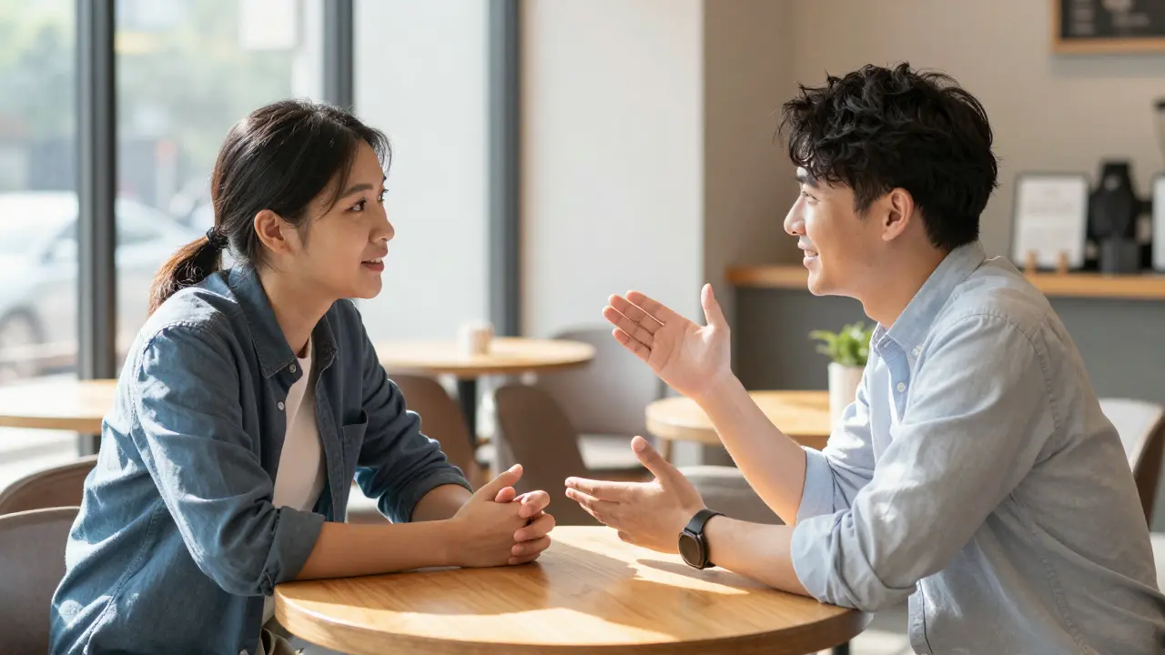 Two people having a conversation at a sunny cafe table.