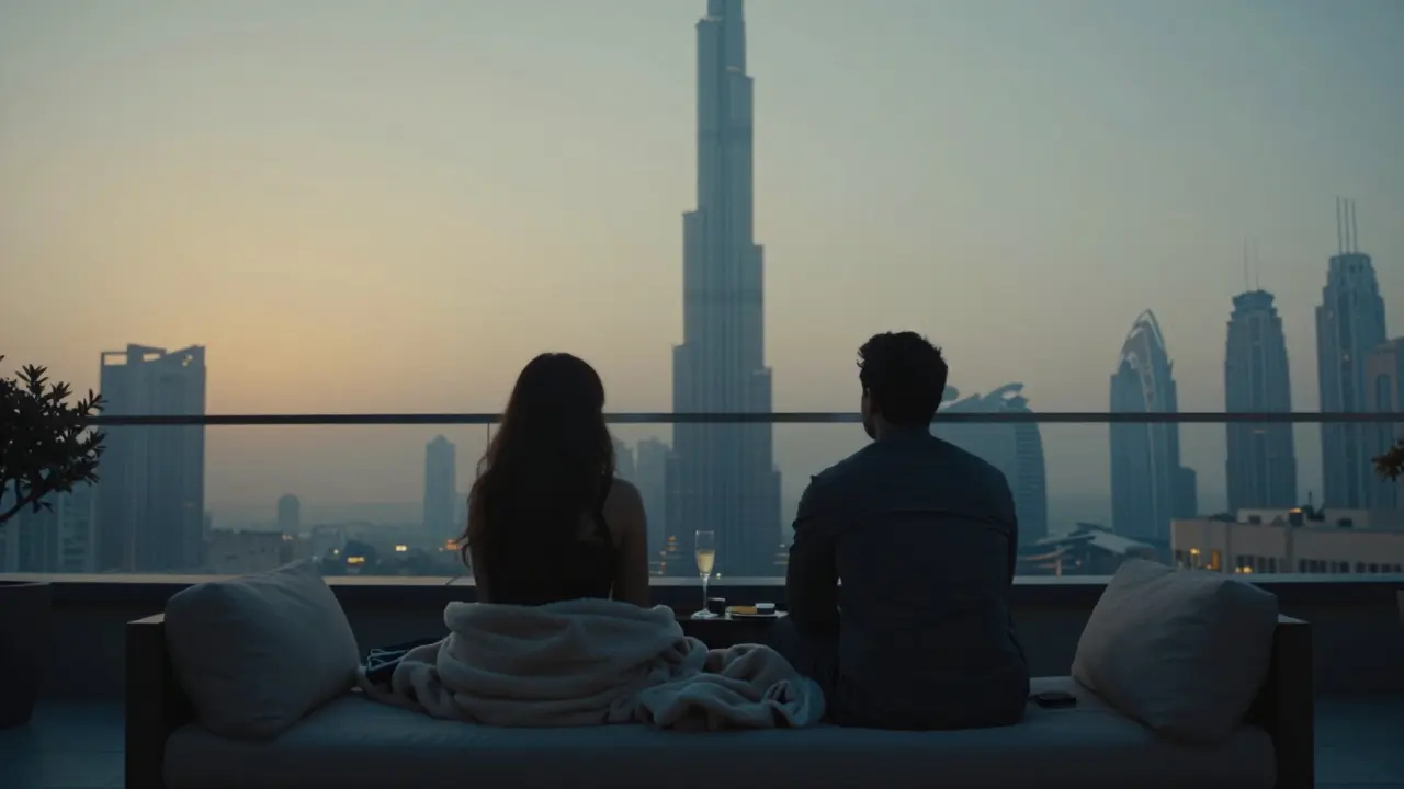 Two silhouettes watch the sunrise from a private rooftop, embodying discretion and quiet connection.