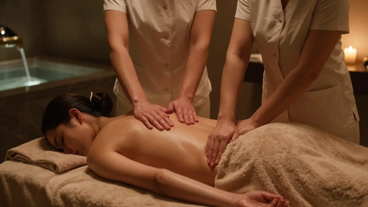 Two therapists work in unison on a client during a luxury body-to-body massage, all movements covered by towels, candlelight creating a calm ambiance.