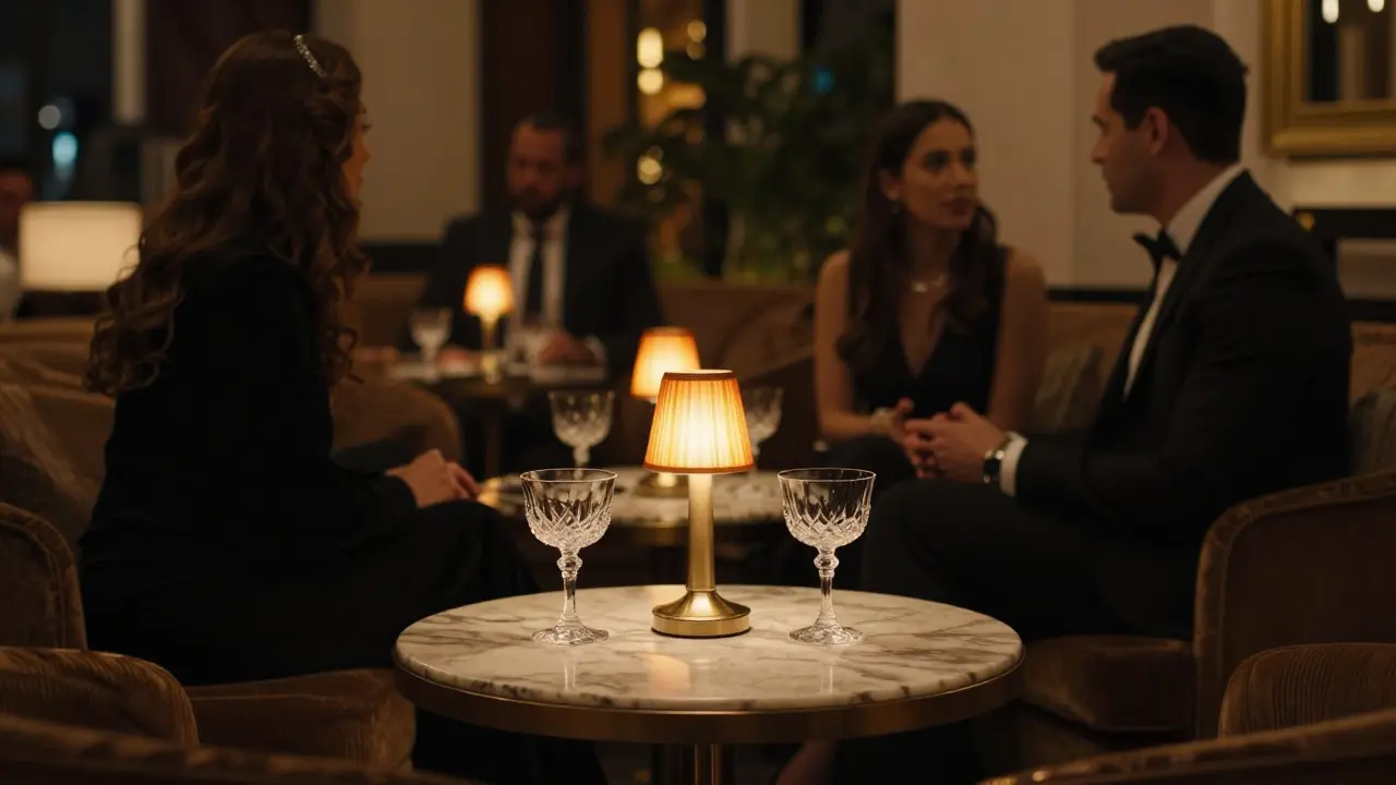 A luxurious hotel lounge with cocktails on a marble table and blurred figures in the background.